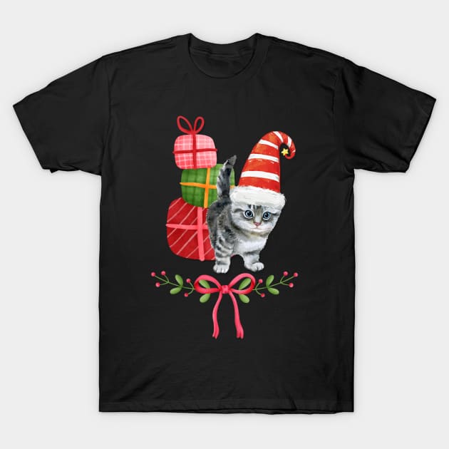 Cute Christmas Kitten in Santa Hat T-Shirt by JanesCreations